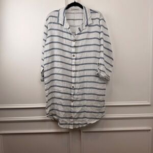 Viola Borghi Italy 100% Linen Striped Button Down Tunic Shirt Dress Large Beach